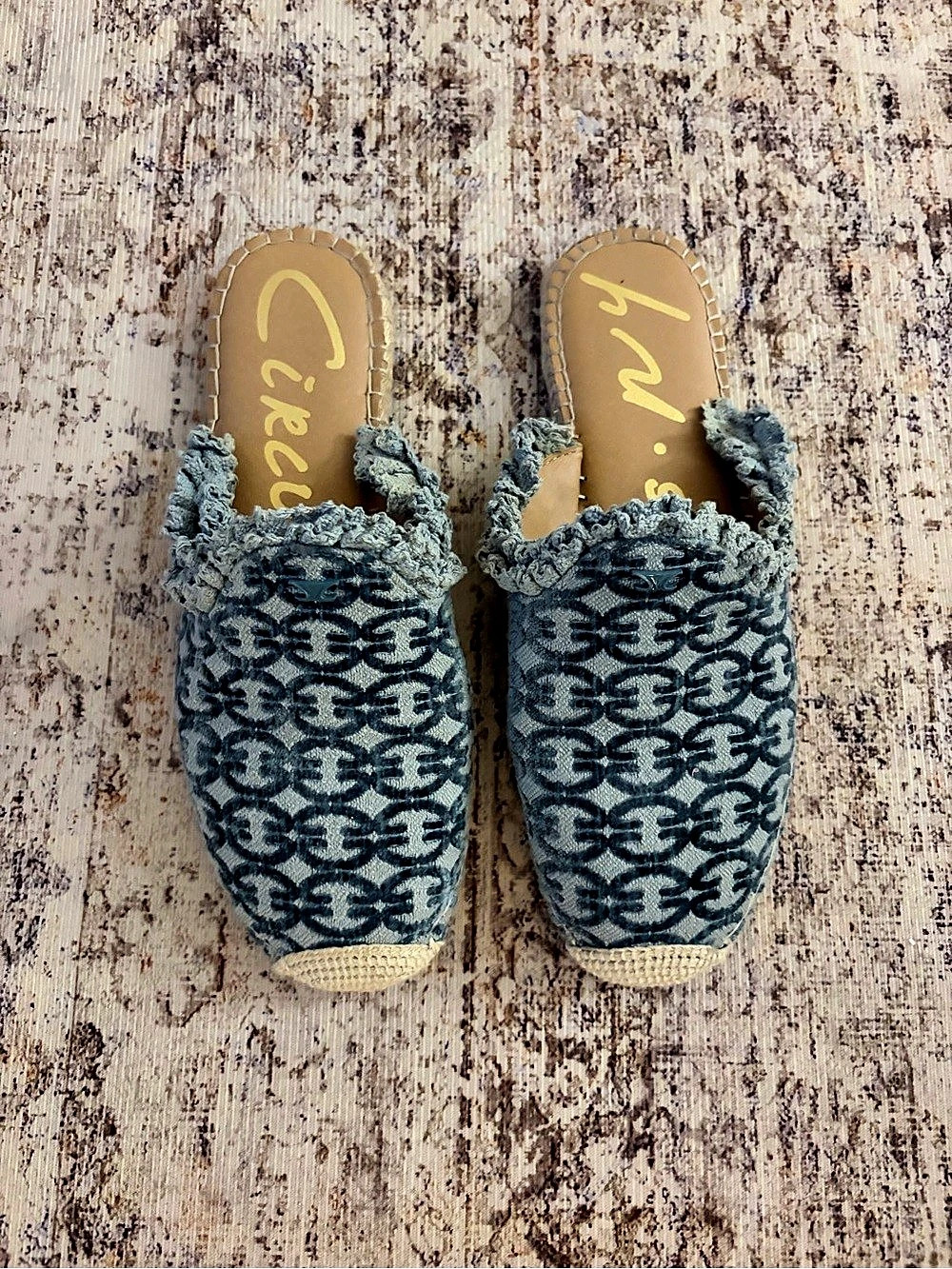 Sam Edelman CIRCUS Patterned Fringe Mules in Blue & Brown